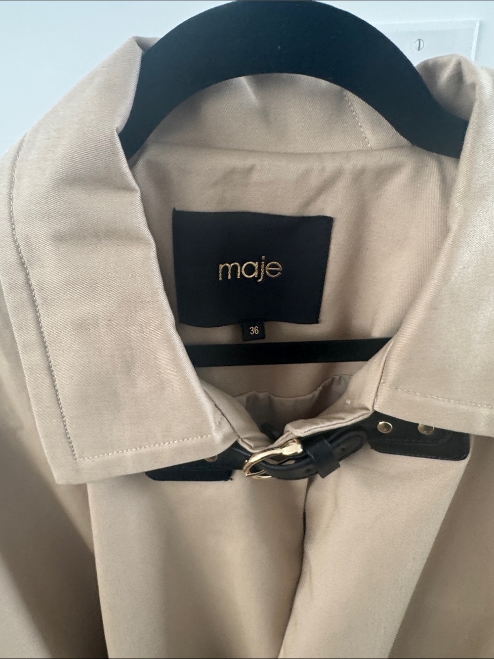 Maje Beige Trench Coat with Black Belt and Gold Buckle